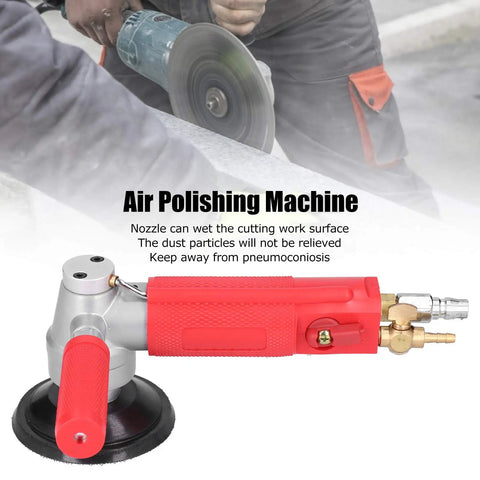 4 Inch Pneumatic Wet Stone Polisher Sander With Water Nozzle And 4300 RPM shown with red handle and air nozzle, used on stone surface.