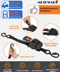 Heavy Duty Retractable Ratchet Straps 4 Pack One Inch By Ten Feet Black Cargo Tie Downs Self Retracting Easy Roll Back with user gripping handle.
