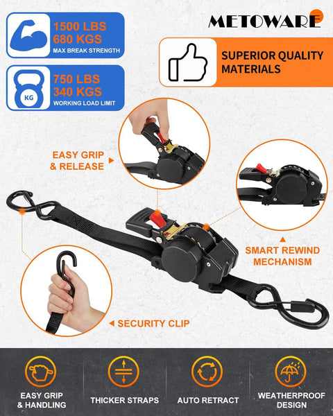 Heavy Duty Retractable Ratchet Straps 4 Pack One Inch By Ten Feet Black Cargo Tie Downs Self Retracting Easy Roll Back with user gripping handle.