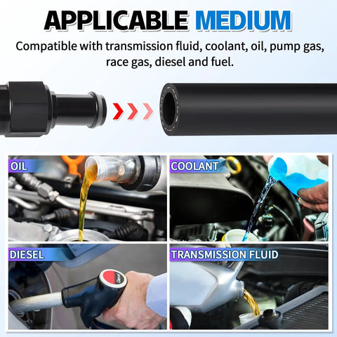 Heavy Duty 3/8 Inch ID Transmission Oil Cooler Hose, 5 Ft Power Steering And Hydraulic Line, 300 PSI shown with various fluids.
