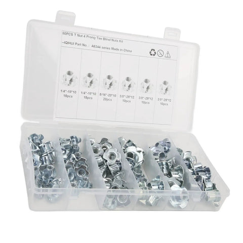 80Pcs T Nuts Threaded Inserts Pronged Tee Nuts Set Built Tough Galvanized Carbon Steel Rustproof Fasteners Kit