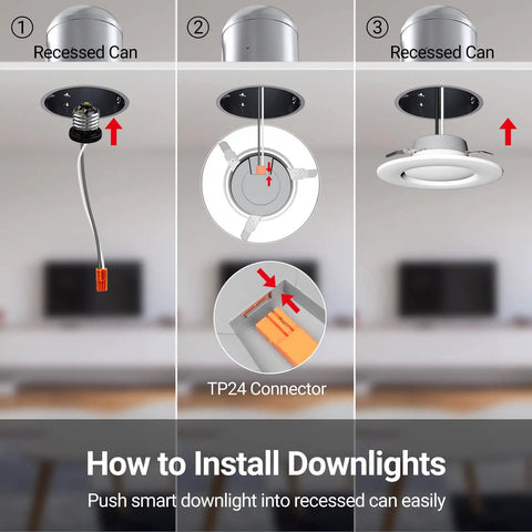 Installation guide for 6 Inch Smart Recessed Lighting Kit with 1200 Lumen 90+ CRI RGBCW Multicolor Downlights, E26 Base.