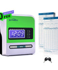 No Sweat Real Deal Employee Thermal Time Clock For Small Business Automatic Punch Terminal With Zero Maintenance Ribbon Free Print, green clock with time display and punch cards.