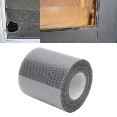 Self Adhesive Window Screen Repair Patch Tape Roll For Home Windows And Doors Tents Screens Breathable Mesh Repair Kit Quick Fix Six Point One Meter Grey Ideal For Indoor And Outdoor Use with example repair application.