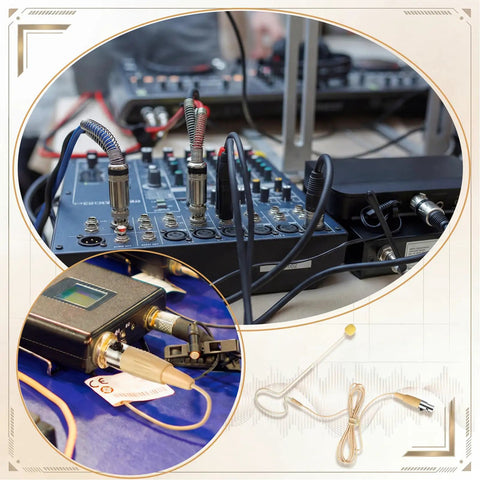 Over Ear Headset Microphone With Ear Hook XLR 3 Pin TA3F Plug Beige Color connected to audio mixer and wireless transmitter.