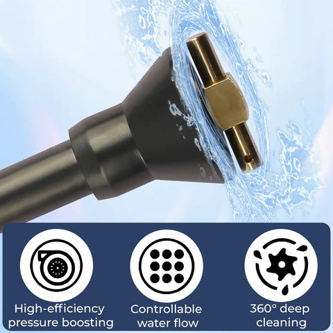 Close-up of RV Tank Wand Sprayer with Swivel Head 60 Inch, showing water flow and nozzle for efficient cleaning.