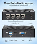 Intel J4105 Fanless Firewall Mini PC Router featuring four 2.5 Gigabit LAN ports and AES-NI processing power, detailed ports view.