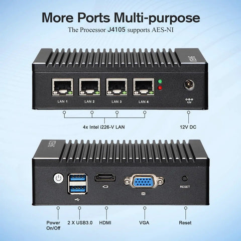 Intel J4105 Fanless Firewall Mini PC Router featuring four 2.5 Gigabit LAN ports and AES-NI processing power, detailed ports view.