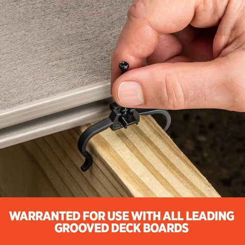 Bulletproof Edge Clip Hidden Deck Fasteners For 90 Degree Grooved Wood Composite And PVC Boards One Pass No Hassle Install With Never Miss Guide Sleeve 90 Count Matte Black, matte black fastener being installed with a hand.