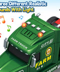 Close-up of green 25 Inch Farm Truck Toy For Kids 3 In 1 Vehicle With Tractors Lights And Sounds with flashing lights and sound icons