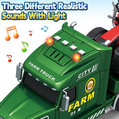 Close-up of green 25 Inch Farm Truck Toy For Kids 3 In 1 Vehicle With Tractors Lights And Sounds with flashing lights and sound icons