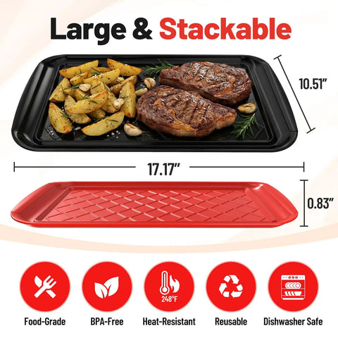 Stackable Grilling Prep And Serving Trays Set Of 2 Plastic BBQ Trays For Raw And Cooked Food Dishwasher Safe 17x10.5" Red and Black