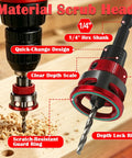Straight Shot Countersink Drill Bit Set With Adjustable Depth Stop, showcasing red guard ring and clear depth scale on drill head.