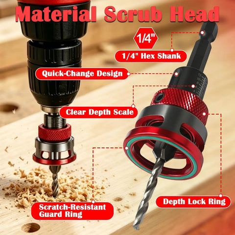 Straight Shot Countersink Drill Bit Set With Adjustable Depth Stop, showcasing red guard ring and clear depth scale on drill head.