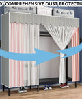 Hella Spacious Portable Fabric Wardrobe With Secure Hanging Rail And Extra Shelves Slick Clothes Closet Storage Organizer For Bedroom And Home Office Quick Setup with pink and white dust-protective curtains.