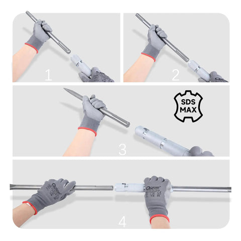 Beefy Sds Max To Sds Max Connector Adapter Rock Solid Conversion Coupling installation steps with gloves.