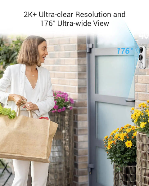 5G WiFi 5MP Video Doorbell Cam With 176 Degree Ultra Wide Field Of View installed outside door capturing visitor