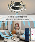 Bladeless Ceiling Fan With Lights And Remote in modern living room, showcasing six speeds and stepless dimming, geometric design.