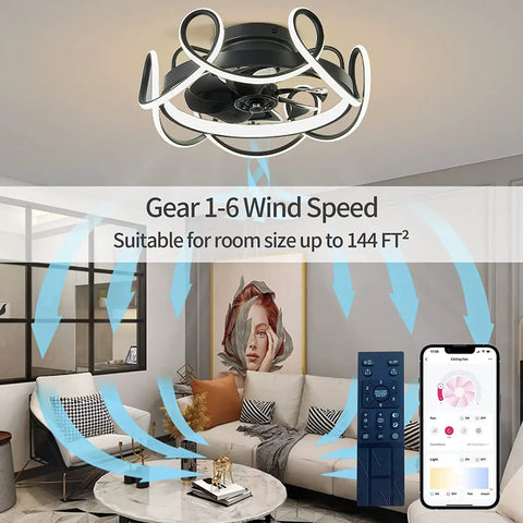Bladeless Ceiling Fan With Lights And Remote in modern living room, showcasing six speeds and stepless dimming, geometric design.