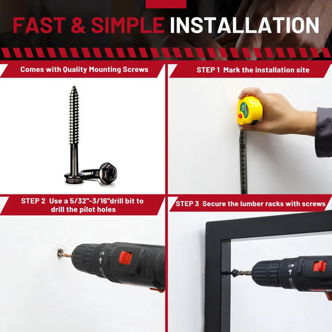 Installation steps for Heavy Duty Wall Mounted Lumber Rack With Rock Solid Four Level Metal Shelf For Garage And Workshop.