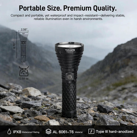 Catapult V7 LED Flashlight With 4010 Lumens And 1081 Meter Long Range USB C Rechargeable 7500mAh Battery on rocky terrain