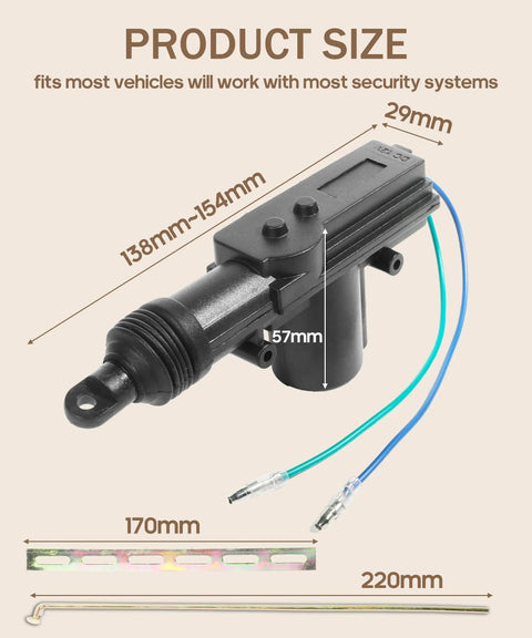 Universal 2 Pack Power Door Lock Kit For Cars, Heavy Duty 12V Door Lock Actuator dimensions and components shown