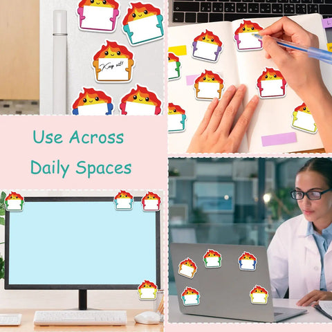 Image of Dumpster Fire Sticky Notes 9 Pack Cute Shaped Self Adhesive Notepads used in various office and desk settings.