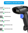 Handheld USB Barcode Scanner With Adjustable Stand For Store Supermarket And Warehouse Wired 1D 2D QR Image Reader Reads Paper Or Screen Fast 32Bit CPU Up To 300 Scans Per Second, showing decode ability features.