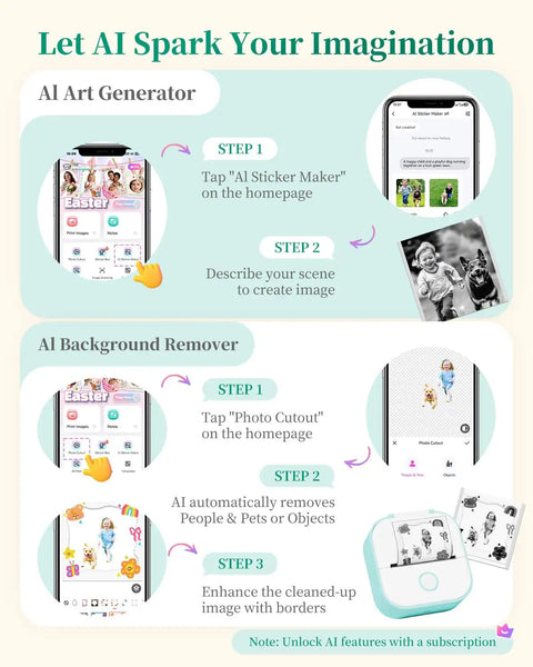 Instructions for using AI features of Compact T02 Mini Sticker Printer With Bluetooth Label Maker Inkless Thermal Printer For Photos And Notes Portable Sticker Box Kit For Kids Studying Journals And DIY Projects With Smart AI App Gift Ready, including art generation and background removal, displayed on a mobile app interface.