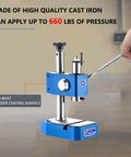 Real Deal 0.5 Ton Heavy Duty Workhorse Arbor Press For Leather Crafting And Metalworking Ductile Iron Manual Punching Machine With 12.6 Inch Max Lift Height Stamping Riveting Tool showcasing blue cast iron body and lever for applying 660 lbs of pressure.