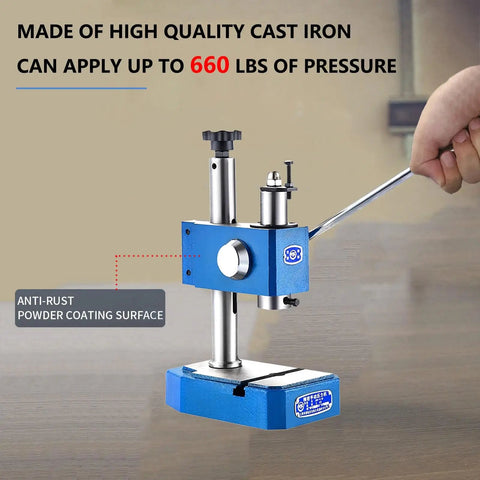 Real Deal 0.5 Ton Heavy Duty Workhorse Arbor Press For Leather Crafting And Metalworking Ductile Iron Manual Punching Machine With 12.6 Inch Max Lift Height Stamping Riveting Tool showcasing blue cast iron body and lever for applying 660 lbs of pressure.