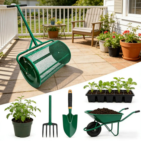 24 Inch Rugged Compost Spreader Roller For Lawn Care With Adjustable T Handle And Steel Mesh Roller Top Dressing Tool