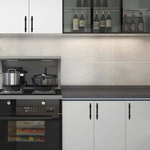 Dope Matte Black 10 Pack Cabinet Handles Five Inch Long Pulls For Kitchen Cupboards And Closet Drawers Heavy Duty Aluminum Zinc Alloy Hardware installed on modern kitchen cabinets.