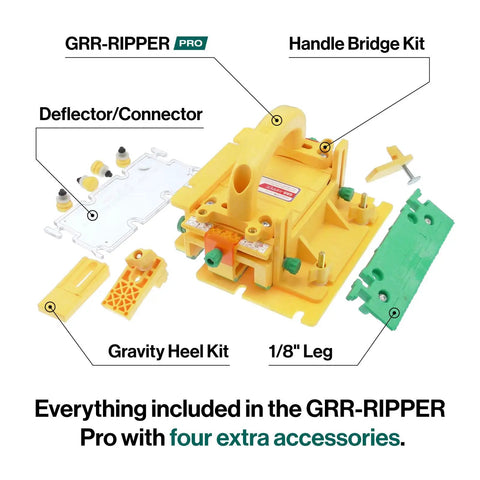 Top Shelf Grr Ripper Max Table Saw Push Pad Triple Force Grip Smashes Kickback And Guards Your Knuckles Full Tool Set With SafeRip Kit For Snappy Cuts On Thin Stock Usa Built Bright Yellow components including handle bridge kit, gravity heel kit, deflector.