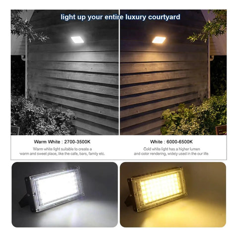 JUDYSSY Led Floodlight 50W 100W 150W Ip65 Waterproof Outdoor Floodlight Spotlight showcasing warm and cool white lighting in a courtyard.