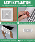 Installation steps for Spring Loaded Bathroom Exhaust Fan Cover For 9x9 Inch Grille Replacement White ABS Diffuser Cover.