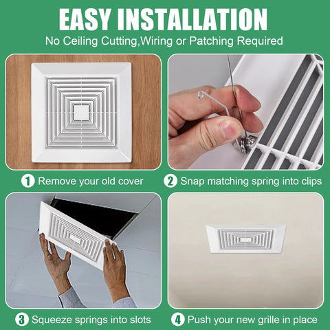 Installation steps for Spring Loaded Bathroom Exhaust Fan Cover For 9x9 Inch Grille Replacement White ABS Diffuser Cover.