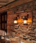 Industrial Farmhouse Wall Sconce Lighting Fixture With Wooden Base And Two Lantern Lights For Bars And Restaurants