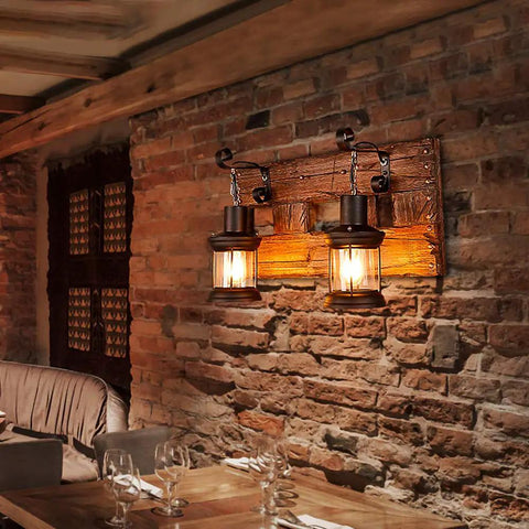 Industrial Farmhouse Wall Sconce Lighting Fixture With Wooden Base And Two Lantern Lights For Bars And Restaurants
