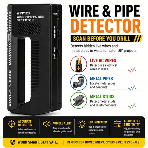 Handheld Wire And Pipe Detector With No Sweat Air Calibration And Adjustable Sensitivity For Snagging Hidden Live AC Wires And Metal Pipes Behind Drywall Like A Seasoned Handyman