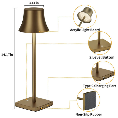 Cordless Table Lamp 2 Pack With 5000mAh Rechargeable Battery Metal USB LED Desk Light Portable On The Go Brightness 3 Levels For Restaurant Bedroom Outdoor Antiqued Gold Finish details view