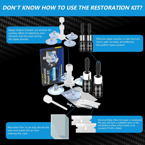 Illustration of Windshield Repair Kit 2 Pack For Chips And Cracks Quick Fix With Slow Pressure System components and instructions