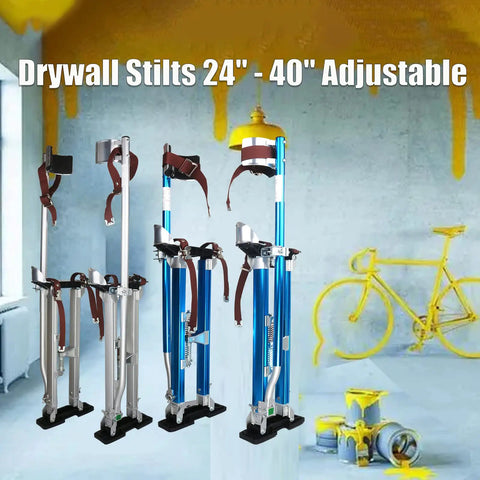 Adjustable Aluminum Drywall Stilts 24 To 40 Inch For Painting And Taping in a workshop, blue color, heavy duty tool, anti-slip sole