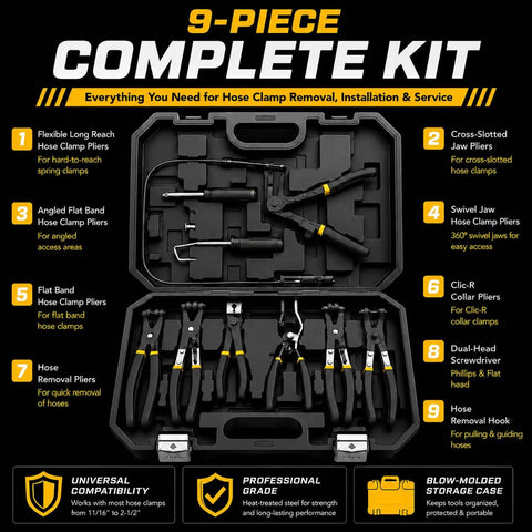 9 Piece Hose Clamp Pliers Set with Long Reach Flexible Cable in open storage case for automotive fuel oil and water lines tool kit