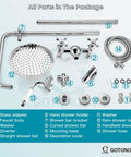 Parts layout of Dope Exposed Shower Faucet Set With 8 Inch Wall Mount Rainfall Head, Handheld Spray, Cross Double Handles