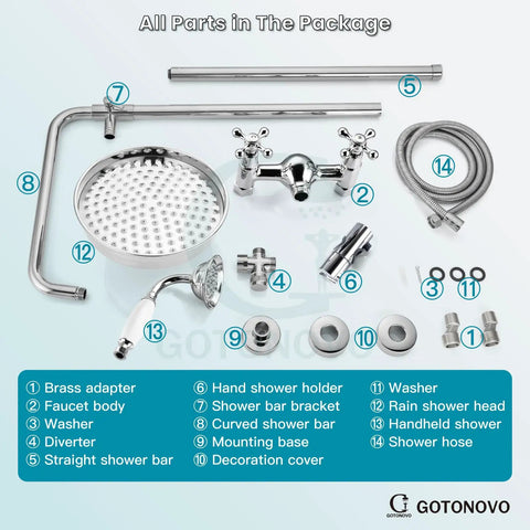 Parts layout of Dope Exposed Shower Faucet Set With 8 Inch Wall Mount Rainfall Head, Handheld Spray, Cross Double Handles