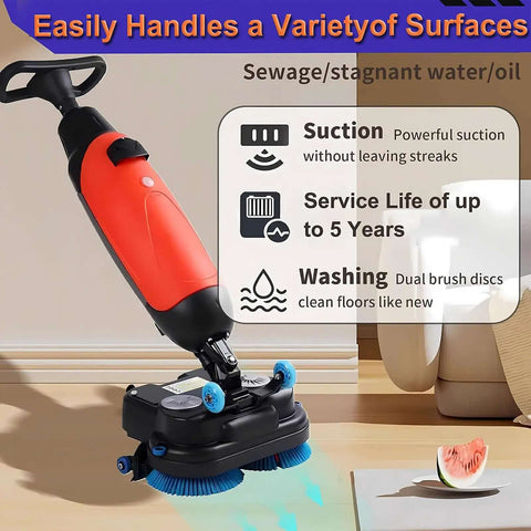 Image of a Beast Mode Industrial 18 Inch Floor Cleaning Machine With 240 RPM Scrubbing And Buffer Action Cleans Carpet And Hard Floors Fast 3 Gallon Tank Dual Brush Heads 13000 Sqft Per Hour Coverage Red in use, showing its dual brush heads.