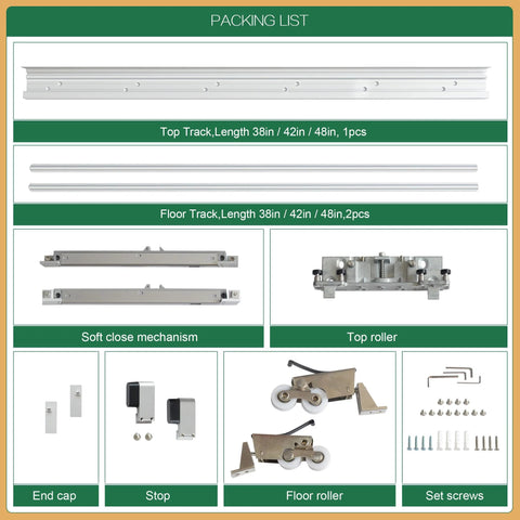 Packing list showcasing components of Concealed Sliding Door Hardware Kit With Soft Close And Floor Rail, Lightweight Hidden Track.