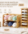 3 Piece Bamboo Water Bottle Organizer And Tumbler Lid Organizer Set with two-tier rack and cup lid holder in kitchen cabinet