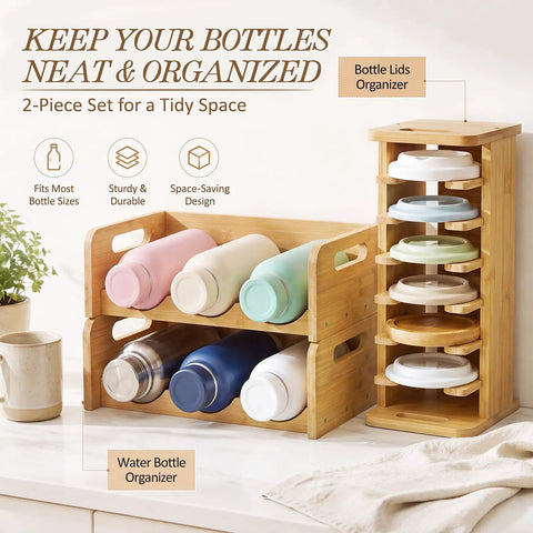 3 Piece Bamboo Water Bottle Organizer And Tumbler Lid Organizer Set with two-tier rack and cup lid holder in kitchen cabinet